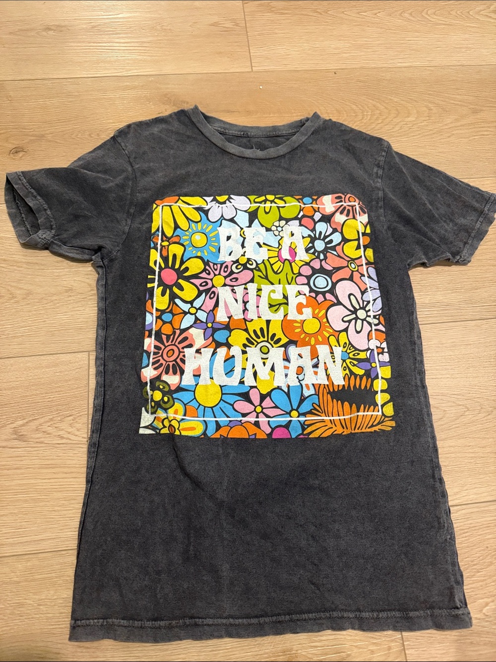 Black Short Sleeve Graphic Tee with Multicolor Floral Square